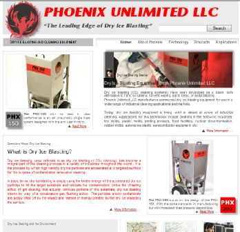 New dry ice blasting web site from Phoenix Unlimited LLC featuring PHX series dry ice blasters